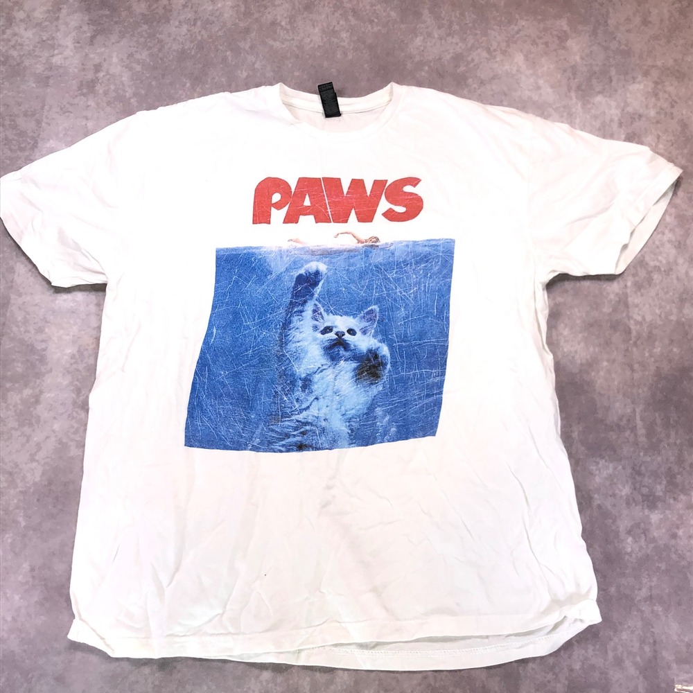 Gildan PAWS Cat Jaws Movie Parody Graphic T-Shirt White XL